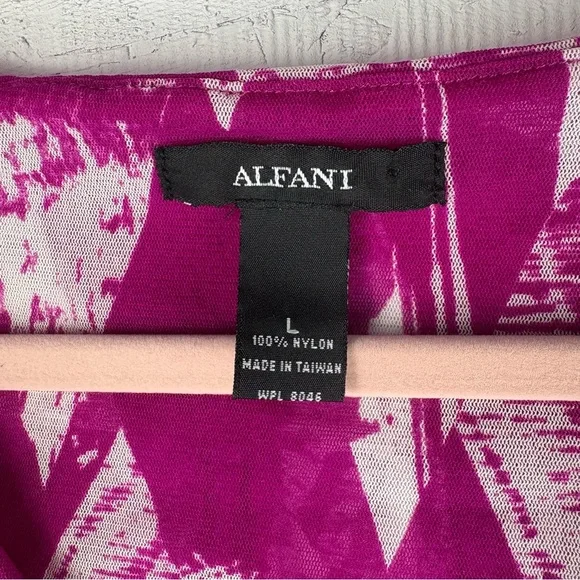 Alfani Sleeveless Artsy Pink Fuchsia Patterned Top Asymmetrical Hem Mesh Layers - Picture 3 of 7